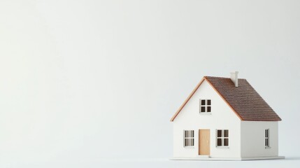 Small white house model on white background.