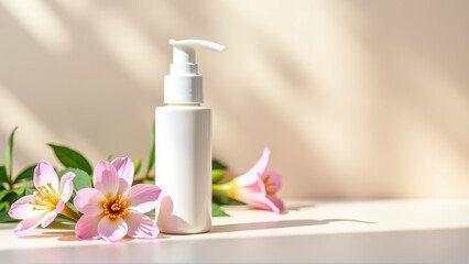 White cosmetic bottle with pink flowers, sunlight highlighting beauty product on neutral background.