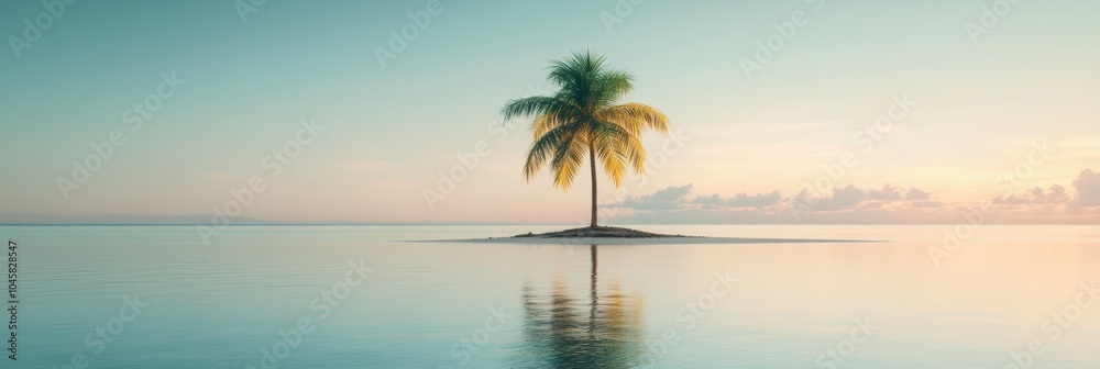 Poster the peaceful tropical island features a solitary palm tree surrounded by calm water at dawn, creatin