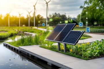 Fototapeta premium Pequeñas placas solares instaladas cerca de un lago con aerogeneradores en el fondo, representando un entorno sostenible.