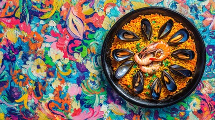 Paella with Mussels and Shrimp on a Colorful Background