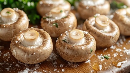 Closeup of fresh, raw button mushrooms sprinkled with salt and parsley, arranged on a wooden cutting board.