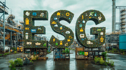 A collage of sustainable symbols (recycling, renewable energy, etc.) forming the letters "ESG," symbolizing the commitment to corporate responsibility.