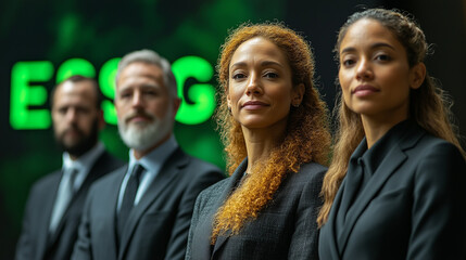 Fototapeta premium A diverse group of corporate leaders standing in front of a digital screen displaying 