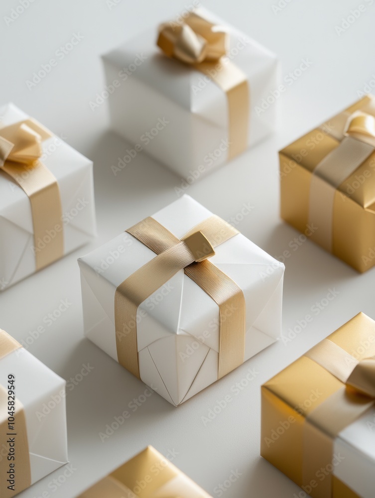 Poster elegant geometric gift boxes in white and gold are arranged neatly, creating a festive and stylish d
