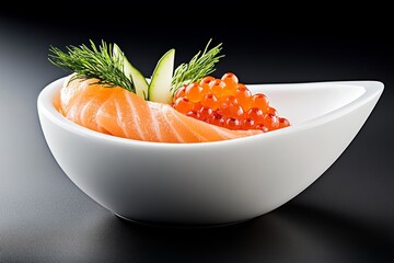 Salm&oacute;n ahumado y huevas de salm&oacute;n servidos en un plato blanco con eneldo fresco y pepinos, resaltando una presentaci&oacute;n gourmet.

