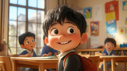 Animated boy in a classroom with friends engaged in learning