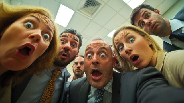 A group of six diverse people looks into the camera lens with expressions of surprise and astonishment, captured under indoor fluorescent lighting conditions.
