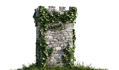 Medieval stone tower covered with ivy, isolated on transparent cutout background