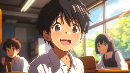 Joyful young boy in a classroom setting