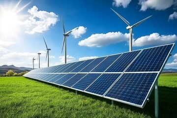  Un campo lleno de paneles solares y turbinas eólicas genera energía limpia bajo un cielo azul, representando el uso de fuentes de energía renovable y sostenible.

