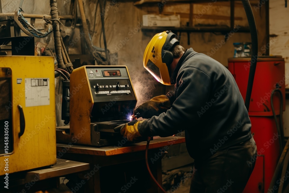 Wall mural skillful metal worker working with arc welding machine in factory while wearing safety equipment. me