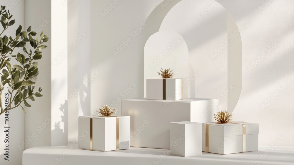 Poster Geometric gift boxes are elegantly arranged in a bright, modern space, showcasing a beautiful design against a soft backdrop. Generative AI