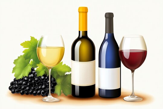  Ilustraci&oacute;n de botellas de vino tinto y blanco con copas de degustaci&oacute;n, acompa&ntilde;adas de racimos de uvas, representando la tradici&oacute;n vitivin&iacute;cola.

