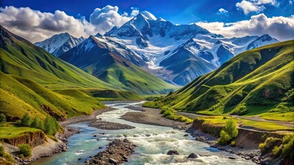 Snowy Mountains And River Elbrus