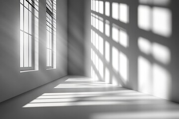 A minimalist interior with light and shadows casting through windows.