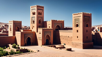 A historic Moroccan citadel with intricate architecture is framed by a bright blue sky, representing the beauty of ancient design.