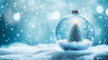 An empty glass transparent ball with Christmas tree inside on it on a blue background.