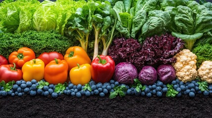 Colorful variety of fresh produce, including lettuce, peppers, cabbage, cauliflower, and blueberries, arranged in a rainbow pattern on rich soil.