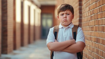 A sad boy with crossed arms looks distressed in his school uniform, reflecting the emotional impact of bullying at school. Generative AI
