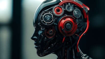 Mechanical gears turning inside a robotic head while it processes real-time stock data.