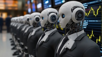 Group of robots wearing business suits at a stock exchange.