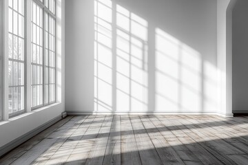 Sunlight streams through a large window into a bright, empty room with white walls and wood floors.
