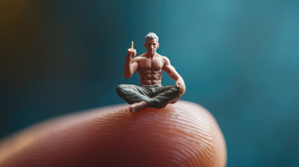 Naklejka premium A small, muscular figure meditates peacefully on a fingertip, embodying serenity, balance, and focus, in a delicately crafted miniature art piece.