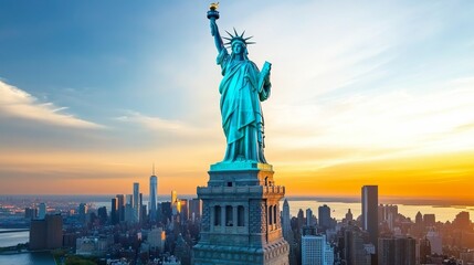 Fototapeta premium The Statue of Liberty stands tall over the New York City skyline at sunset.