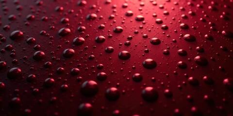 A close-up of water droplets on a vibrant red surface, creating a visually striking and textured background perfect for graphic design, advertising, or product showcase.