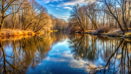 Obraz premium Snowy river reflecting trees in winter afternoon