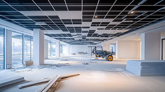 Suspended ceiling grid and ceiling tiles being installed in modern office building
