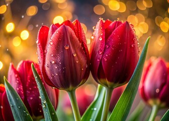 Fototapeta premium Raindrops on Red Tulips in Soft Low Light - Nature's Beauty Captured in a Serene Atmosphere