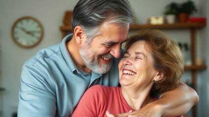 Fototapeta premium A joyful couple shares a loving moment in their cozy home during a sunny afternoon