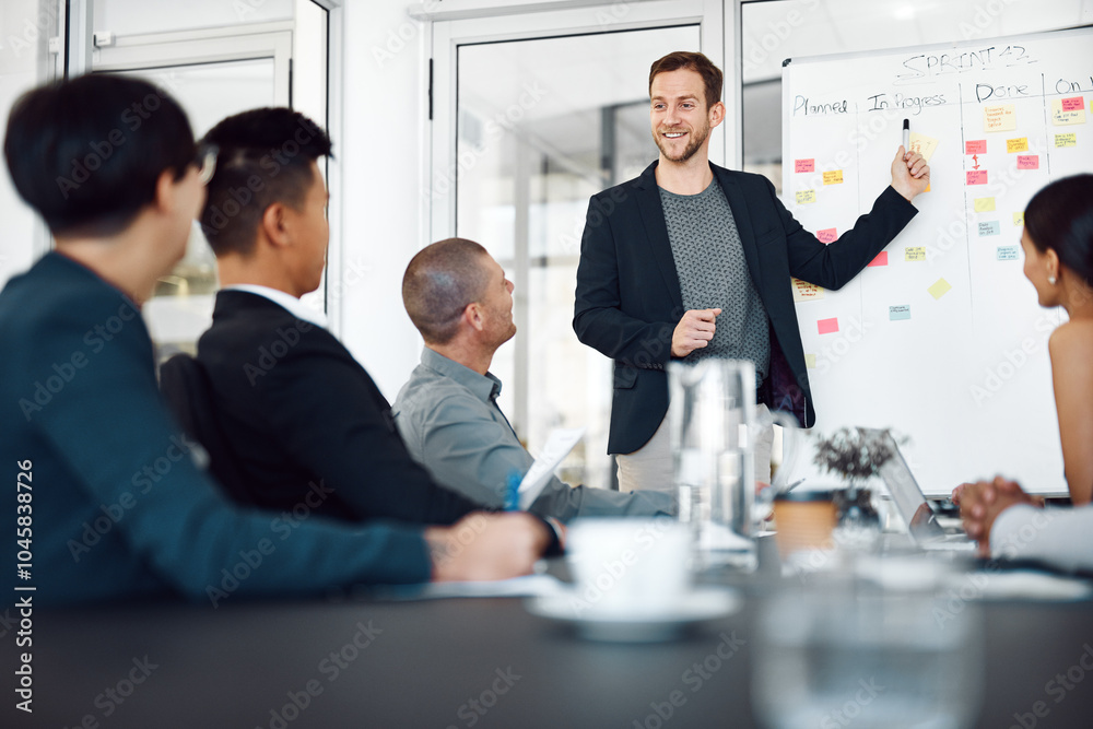 Aufkleber Man, presentation and sticky notes on whiteboard for meeting, timeline and brainstorming strategy in office. Speaker, workshop and group training in boardroom for goals, collaboration and instruction
