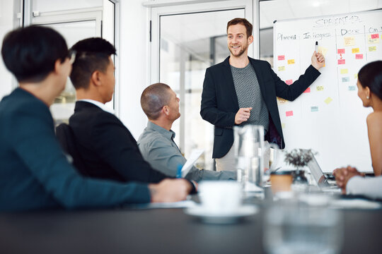 Man, presentation and sticky notes on whiteboard for meeting, timeline and brainstorming strategy in office. Speaker, workshop and group training in boardroom for goals, collaboration and instruction