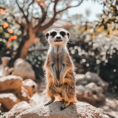Fototapeta premium Alert meerkat upright on zoo rock.