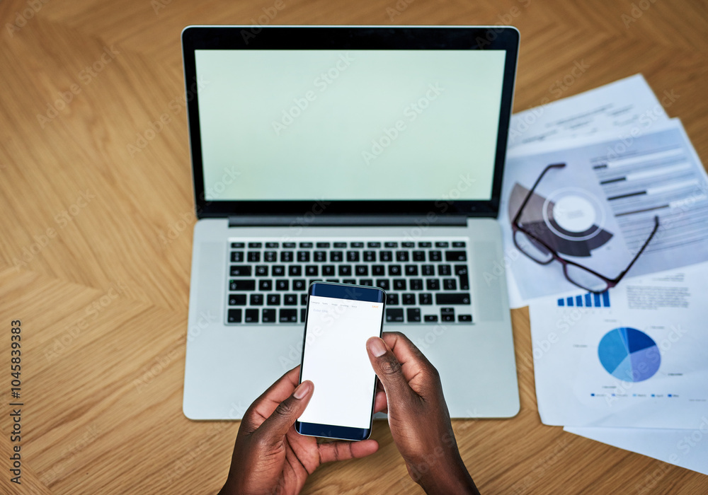 Aufkleber screen, laptop and hands on desk with phone, web design and online for marketing information. techno