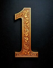 one 1 number handmade hand carved woodwork wood  isolated design black background only alone