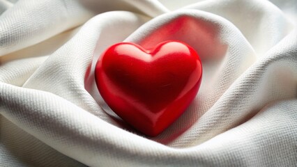 Fototapeta premium Red Heart on White Fabric - Romantic and Elegant Candid Photography for Valentine's Day and Love Themes