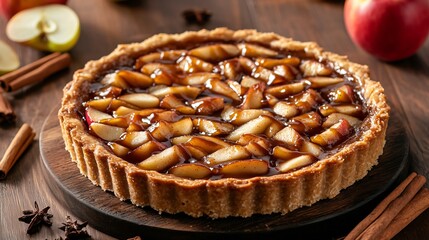 Rustic apple and cinnamon tart, isolated on a dark wooden board, garnished with apple slices, cinnamon sticks, and a drizzle of caramel