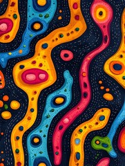 A vibrant abstract pattern featuring flowing shapes in bright colors like blue, orange, pink, and yellow, set against a dark background, creating a dynamic visual experience.