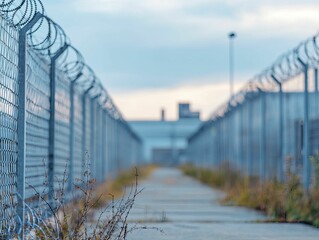 Fototapeta premium Factory perimeter security features an expansive view of a factory surrounded by security barriers, expansive composition, industrial background, muted colors