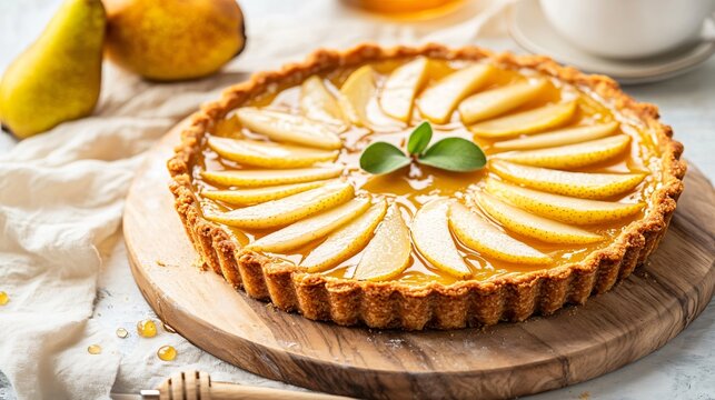 Rustic pear and honey tart, placed on a light wooden board, garnished with fresh pear slices and a drizzle of honey