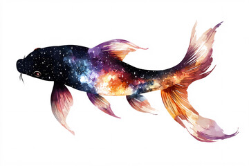 Fototapeta premium A cosmic koi fish with a galaxy pattern in its body featuring stars and nebulae against a white background blending nature with fantasy 