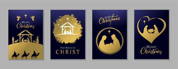 Naklejka premium Merry Christmas covers template set with Holy family silhouettes and Nativity decoration. The birth of Christ creative Christian concepts for greetig cards design with Mary, Joseph and Jesus in manger