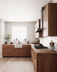 Experience a modern wooden kitchen with abundant natural light and elegant design