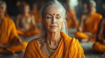 Obraz premium An older woman with gray hair and a red dot on her forehead meditates with her eyes closed, surrounded by other people wearing orange clothing.