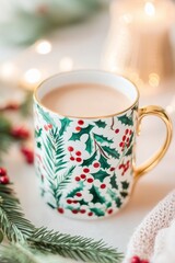 Fototapeta premium ceramic holiday mug with festive green fir branch and red berry patterns, featuring gold handles filled with lattee art coffee, cosy warm vibes