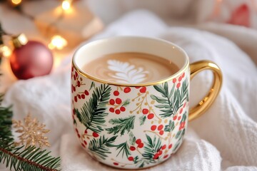 Fototapeta premium ceramic holiday mug with festive green fir branch and red berry patterns, featuring gold handles filled with lattee art coffee, cosy warm vibes